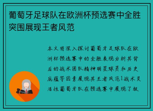 葡萄牙足球队在欧洲杯预选赛中全胜突围展现王者风范