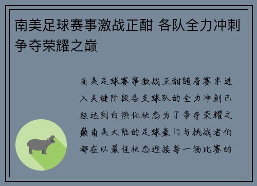 南美足球赛事激战正酣 各队全力冲刺争夺荣耀之巅