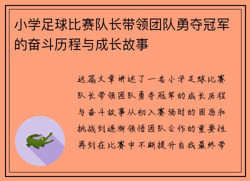 小学足球比赛队长带领团队勇夺冠军的奋斗历程与成长故事