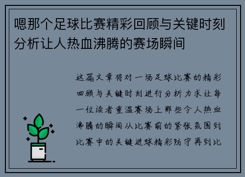 嗯那个足球比赛精彩回顾与关键时刻分析让人热血沸腾的赛场瞬间