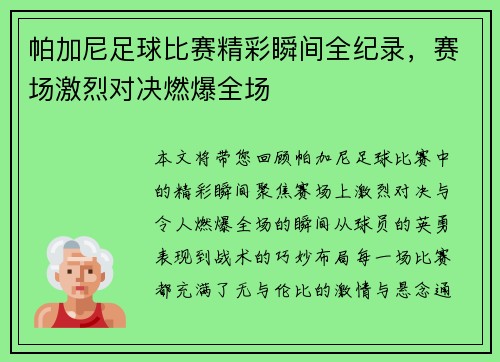 帕加尼足球比赛精彩瞬间全纪录，赛场激烈对决燃爆全场