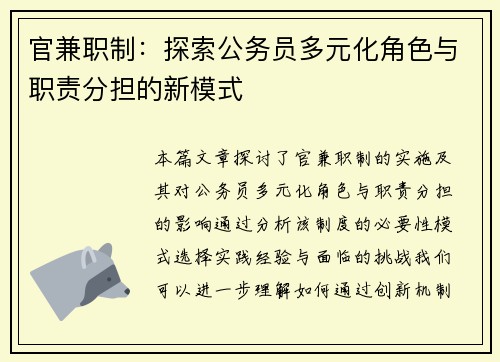官兼职制：探索公务员多元化角色与职责分担的新模式