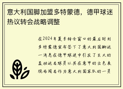 意大利国脚加盟多特蒙德，德甲球迷热议转会战略调整
