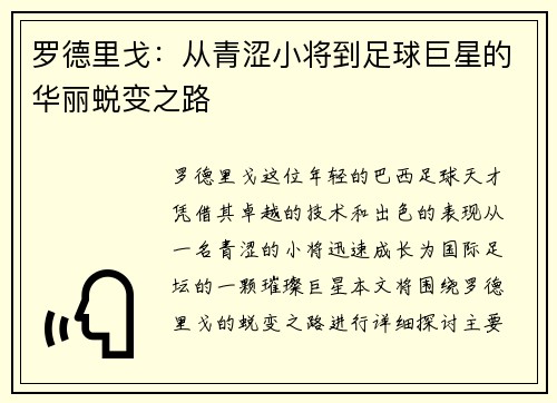罗德里戈：从青涩小将到足球巨星的华丽蜕变之路