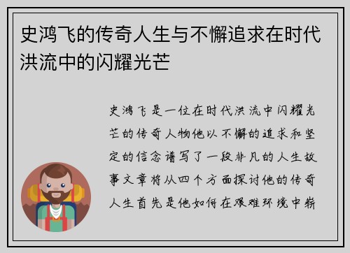 史鸿飞的传奇人生与不懈追求在时代洪流中的闪耀光芒