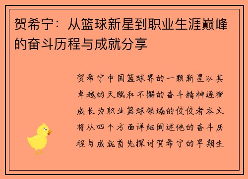 贺希宁：从篮球新星到职业生涯巅峰的奋斗历程与成就分享