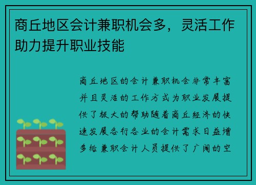 商丘地区会计兼职机会多，灵活工作助力提升职业技能