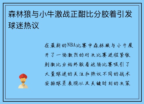 森林狼与小牛激战正酣比分胶着引发球迷热议