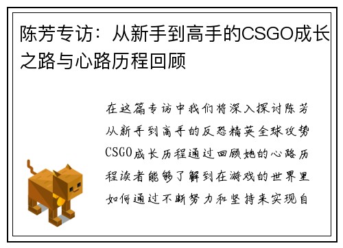 陈芳专访：从新手到高手的CSGO成长之路与心路历程回顾