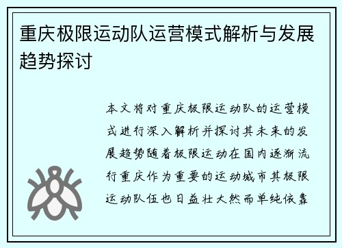 重庆极限运动队运营模式解析与发展趋势探讨