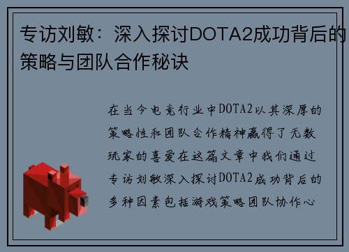 专访刘敏：深入探讨DOTA2成功背后的策略与团队合作秘诀