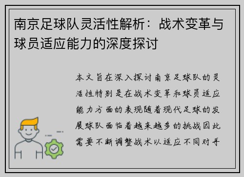南京足球队灵活性解析：战术变革与球员适应能力的深度探讨
